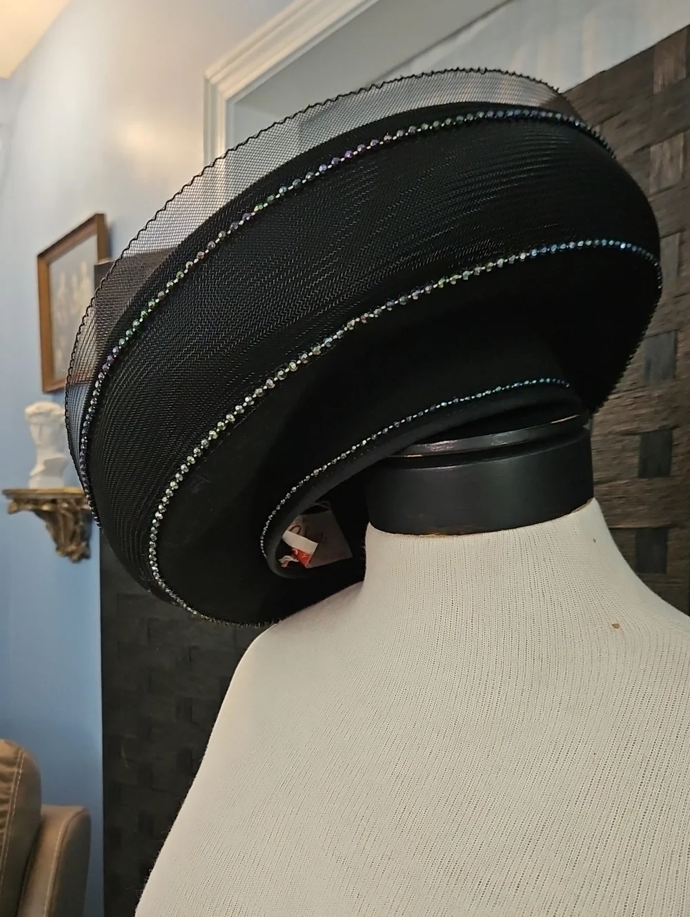 Vintage 1980's Sylvia Black Breton Decorative Women's Hat with Rhinestone Trim